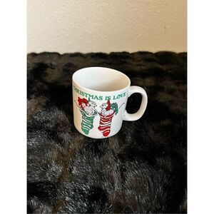 Vintage CHRISTMAS IS LOVE Russ Berrie Coffee Mug 2 mice stockings presents Korea